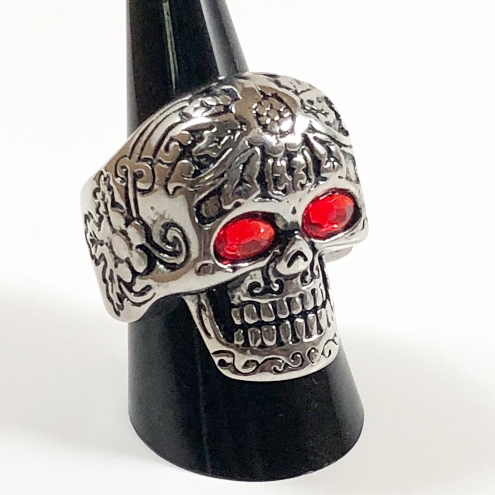 Stainless Steel Sugar Skull Ring Red Stone Eyes